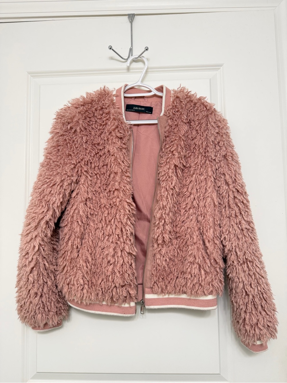 Zara Girls' Dusty Pink Faux-Fur Bomber Jacket